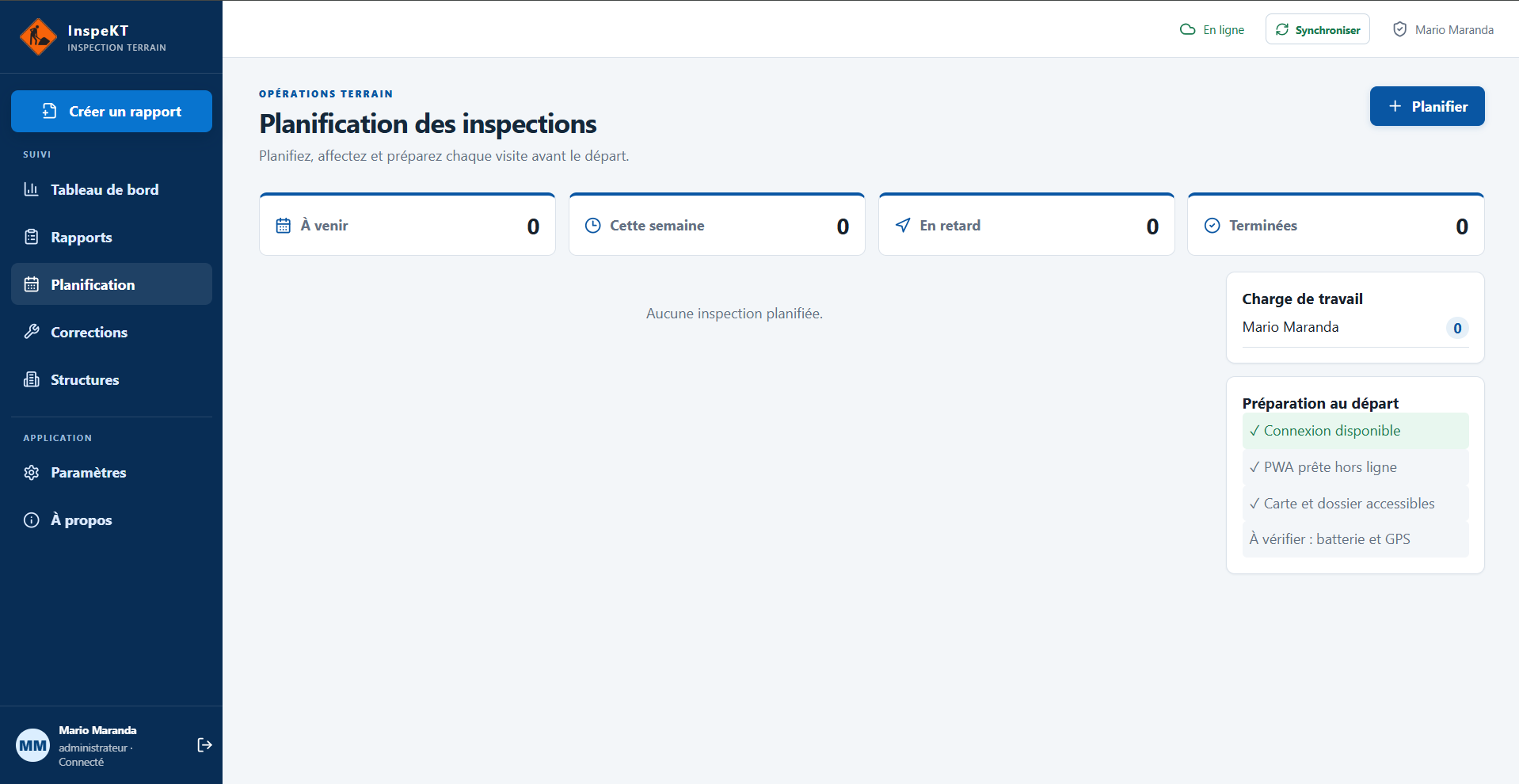 Planification des inspections et préparation avant le départ