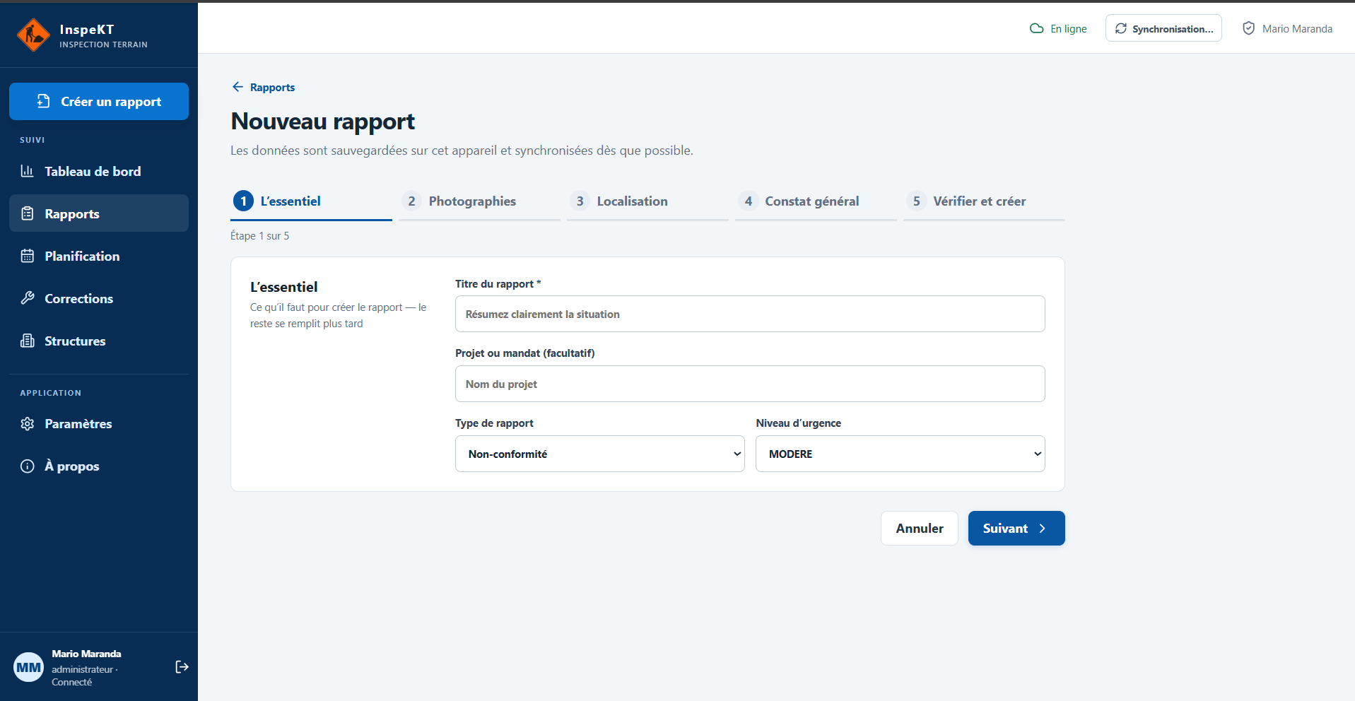 Première étape de création d’un rapport InspeKT