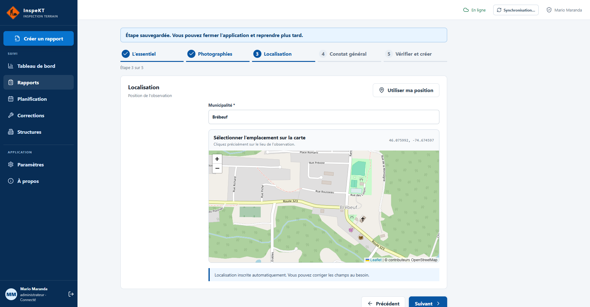 Localisation d’une observation sur la carte dans InspeKT