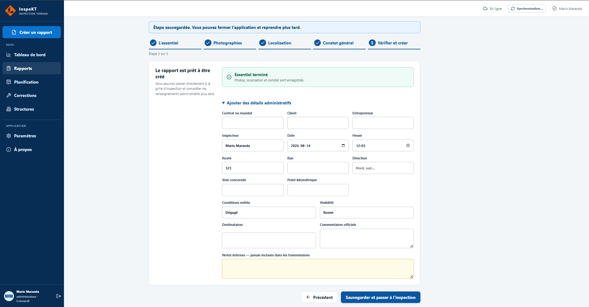 Détails administratifs et conditions terrain d’un rapport InspeKT