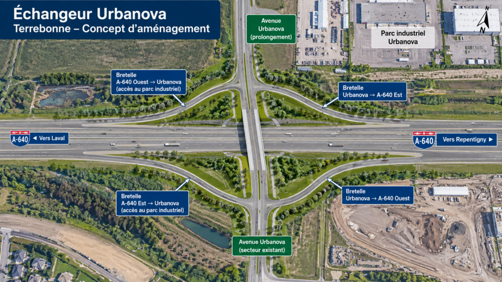 Concept d’aménagement de l’échangeur Urbanova à Terrebonne avec les quatre bretelles de l’autoroute 640