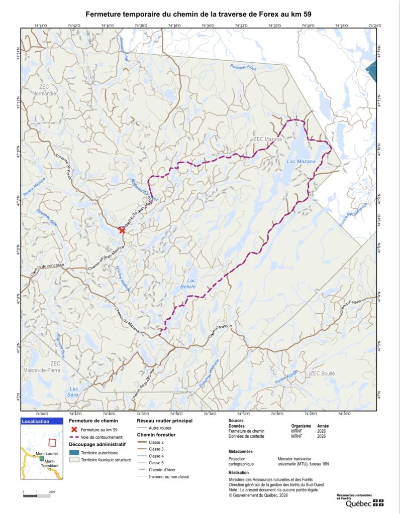 Carte du MRNF montrant la fermeture temporaire du chemin de la Traverse de Forex au km 59 et la voie de contournement